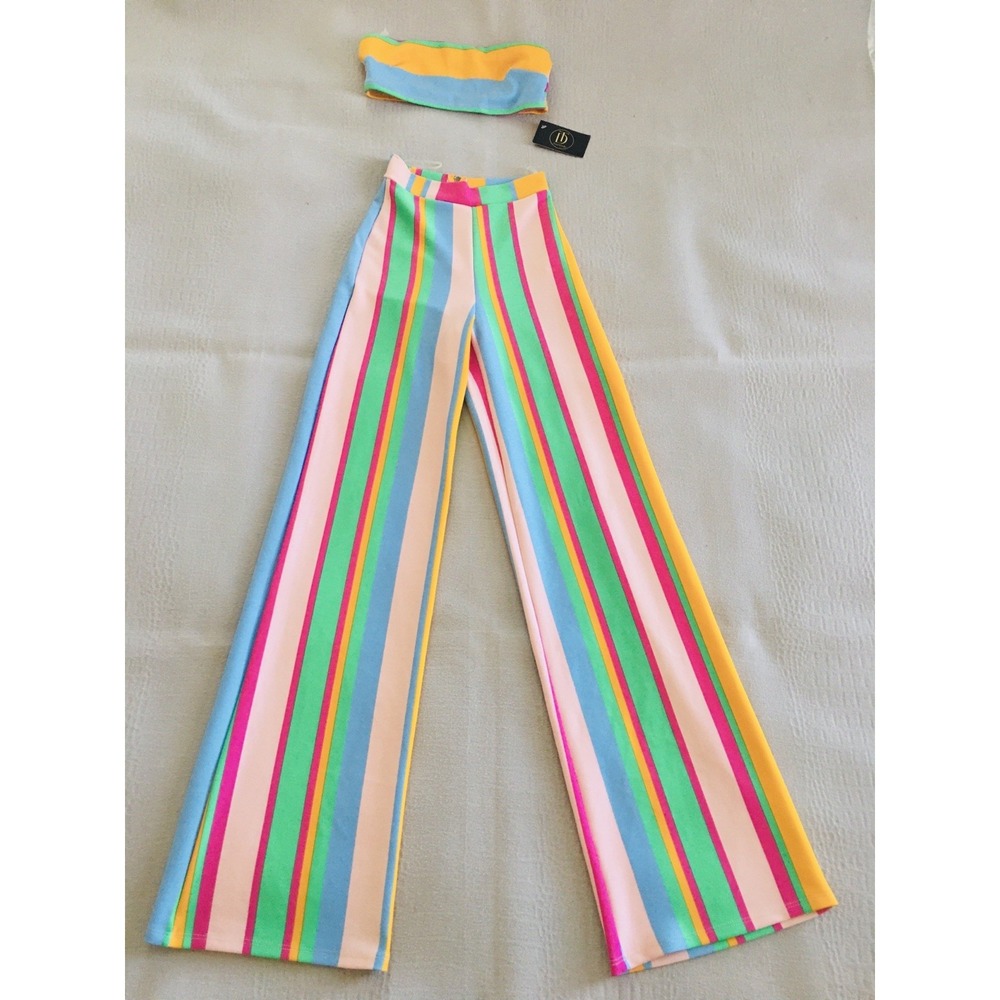 Touchdolls Two Piece Crop Top Bell Bottom Pants Set Size 2 XS Stripe Stretch - Picture 2 of 16